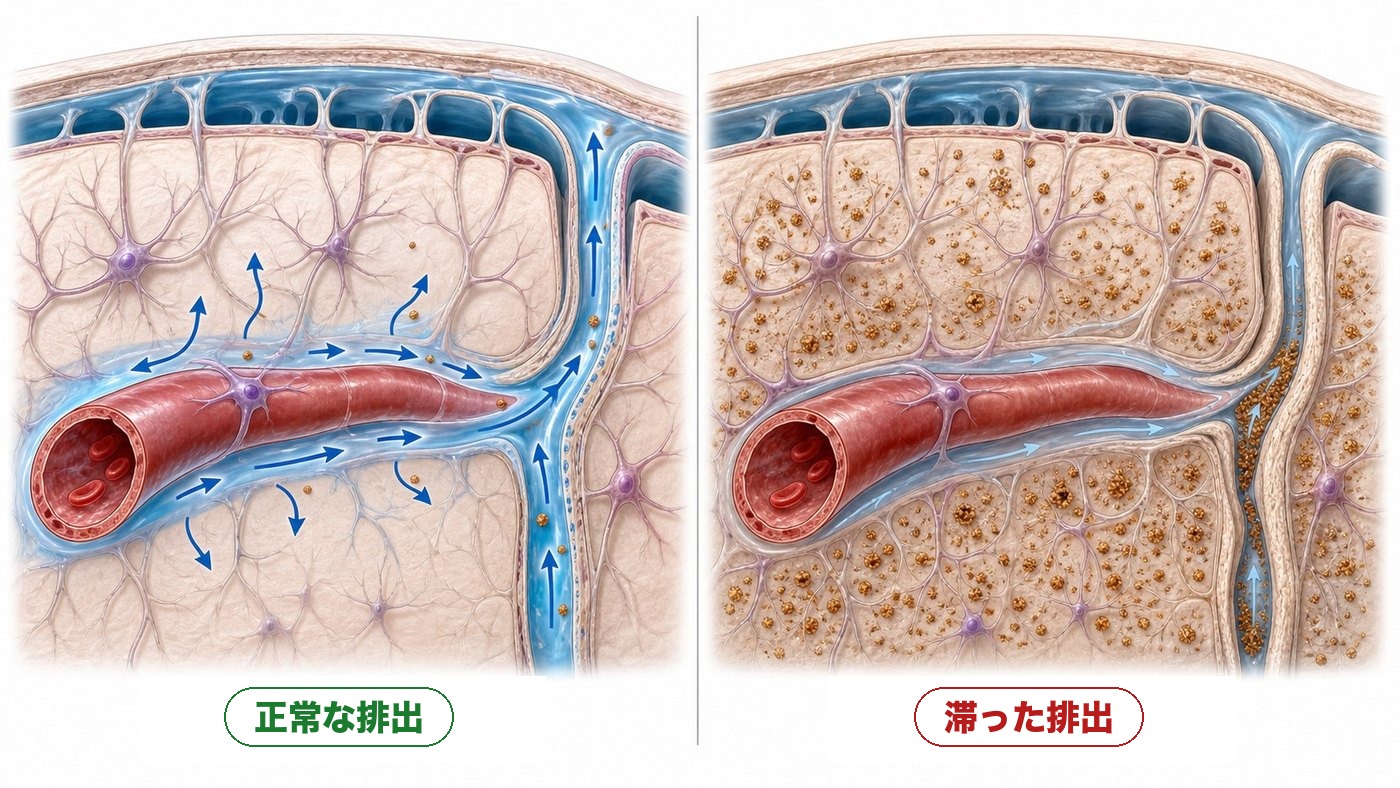 頭蓋骨のつけ根の排水路のまわりの、正常な排出と滞った排出の比較