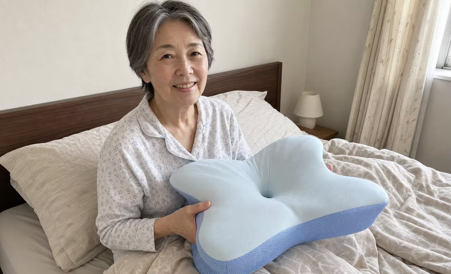 Derila ERGOを抱いて、ベッドでほほえむ女性