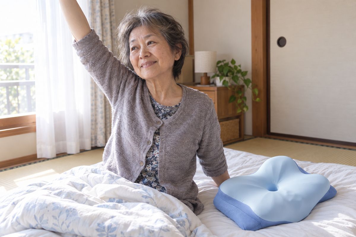すっきり目覚めて布団の上で伸びをする女性とDerila ERGO